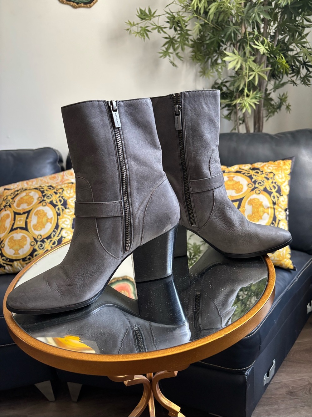 Michael Kors Gray Leather Mid-Calf Block Heel Boots